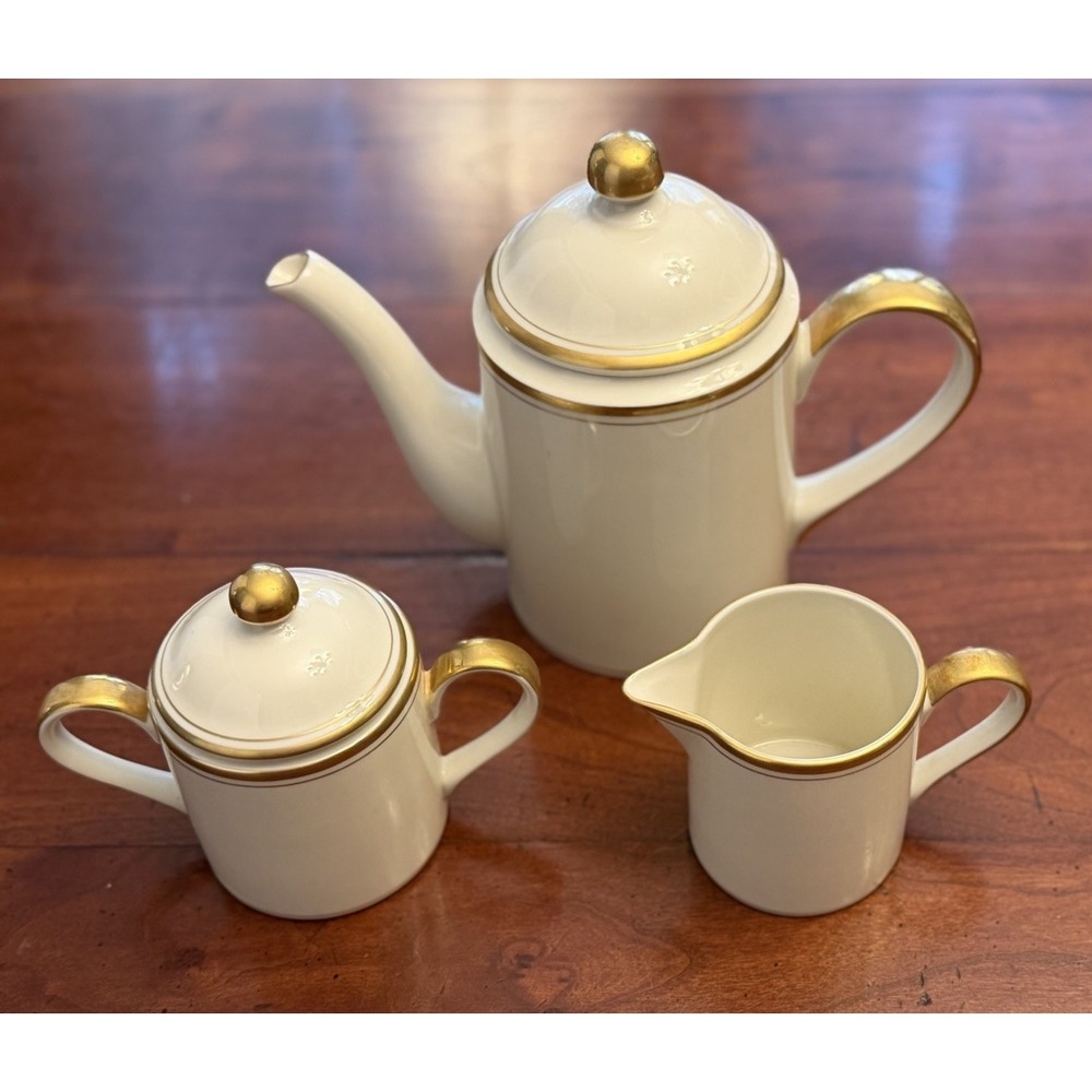 Vintage Fitz and Floyd Palais Buff Coffee Pot Creamer Sugar Bowl Set Gold Trim